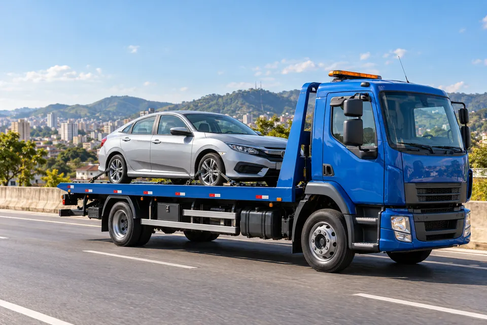 Imagem ilustrativa de caminhão azul transportando um carro em plataforma